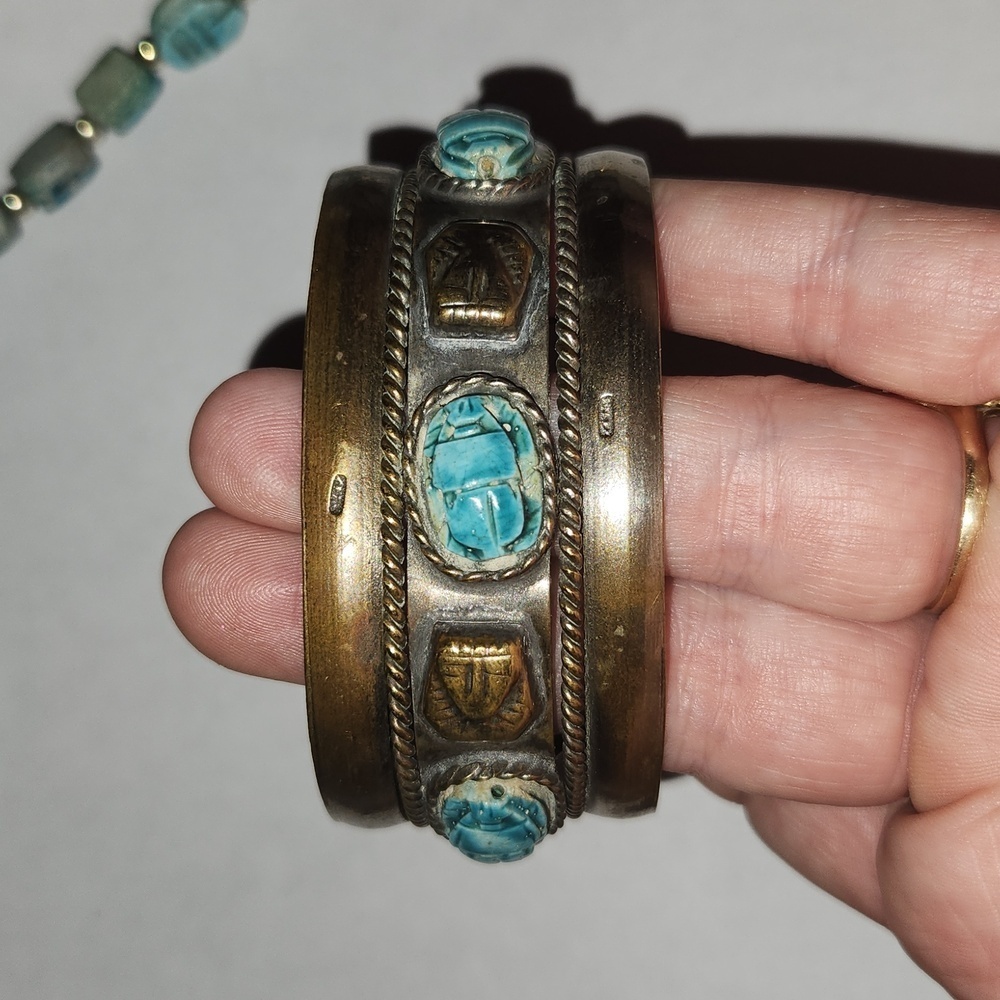 Vintage Egyptian blue glazed faience scarab cuff bracelet